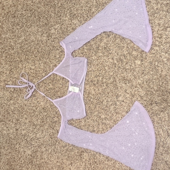 Women's lavender halter mesh rhinestone studded off shoulder bralette crop top - Picture 3 of 9